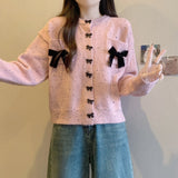 Women Knitted Cardigan with Bow round Neck Long Sleeve Sweater Loose Single-Breasted Knitted Cardigan