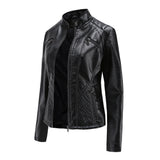 Red Leather Jacket Casual Leather Clothing Stand Collar Jacket Solid Color Women's Leather Jacket