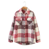 Women Jacket Fall Lapels Long Sleeve Cardigan Loose Plaid Shirt Coat