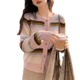 Women Knitwear Autumn and Winter Striped round Neck Sweater Slim-Fit Knitted Cardigan