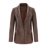 Red Leather Jacket Long-Sleeved Coat Women's Single Button Casual Solid Color Leather Coat