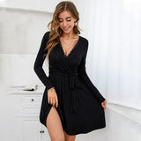 Women Dress Sexy V-neck Lace Knitted Long-Sleeved Dress