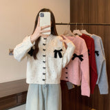 Women Knitted Cardigan with Bow round Neck Long Sleeve Sweater Loose Single-Breasted Knitted Cardigan