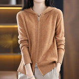 Women Knitwear Fall Winter Hooded Double Zipper Sweaters Cardigan