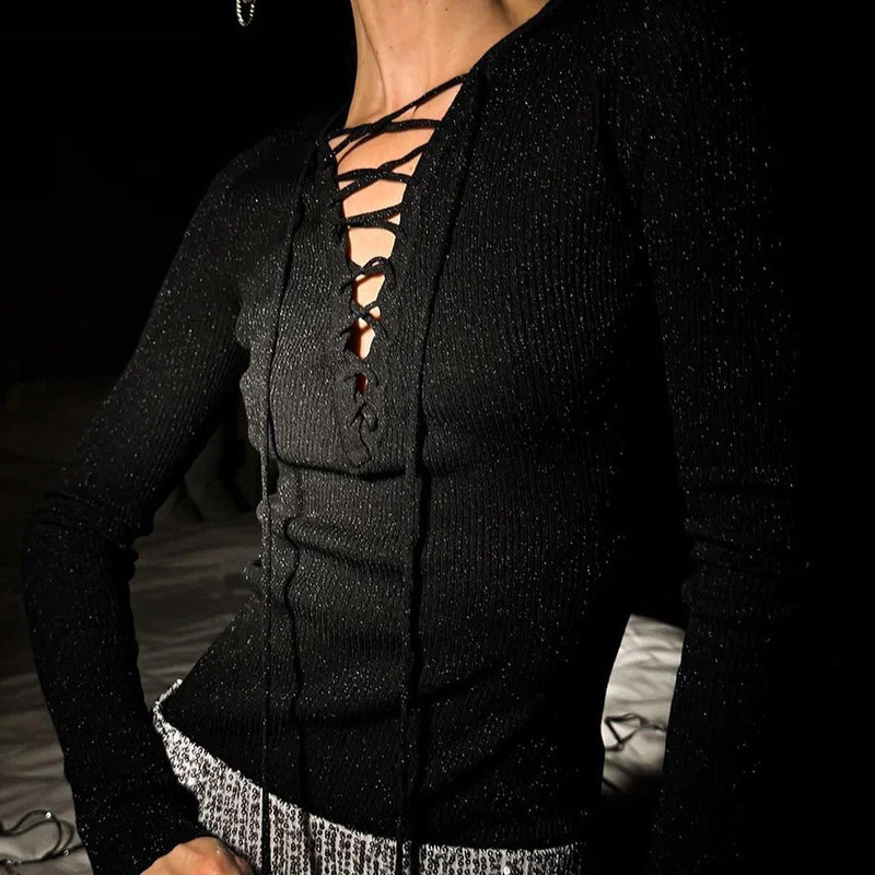 Ladies Leisure Knitwear Sexy Long Sleeve V-neck Lace up Top for Women Fil-Lumiere Knitwear