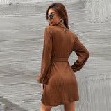 Women Dress Long Sleeve Twist Knitted Dress Puff Sleeve Casual Skirt