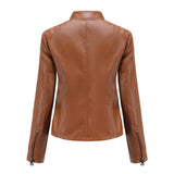 Red Leather Jacket Casual Leather Clothing Stand Collar Jacket Solid Color Women's Leather Jacket