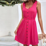 Women Dress Spring and Summer Sleeveless Button round Neck off-the-Shoulder Dress