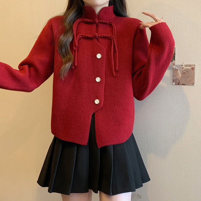 Women Knitted Cardigan Spring Knitted Cardigan Flow Stand Collar Retro Top