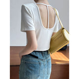 Women T Shirt Back Hollow-out Shoulder Short Sleeve T-shirt Slim Fit Short Bottoming Top