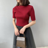 Women Knitted T-shirt Short Slim-Fit Knitted Top