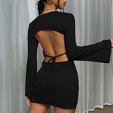 Women Dress Sexy Backless round-Neck Flared Sleeves Hip Skirt