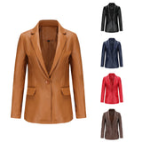 Red Leather Jacket Long-Sleeved Coat Women's Single Button Casual Solid Color Leather Coat