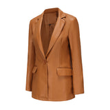 Red Leather Jacket Long-Sleeved Coat Women's Single Button Casual Solid Color Leather Coat