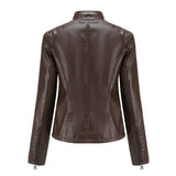 Red Leather Jacket Casual Leather Clothing Stand Collar Jacket Solid Color Women's Leather Jacket