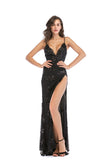 Women Evening Gown Sexy V-neck Black Paillette Dress