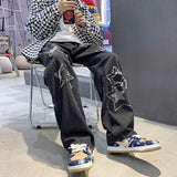 Men Jeans Embroidered Jeans Men's Winter Loose Five-Pointed Star Straight Wide-Leg Pants