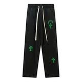 Men Sweatpants Embroidered Cross Casual Trousers Loose Straight Sports Trousers with an Elasticated Waist