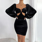 Women Dress Sexy Cutout Puff Sleeve Hip Velvet Dress