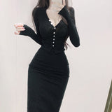 Women's Dresses Two-Piece Suit Women's V-neck Buttons Long-Sleeved Cardigan Hip Skirt