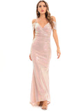 Women Evening Gown Sexy Backless Spaghetti Straps Sequins Dress