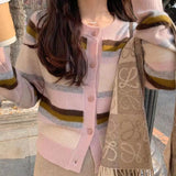 Women Knitwear Autumn and Winter Striped round Neck Sweater Slim-Fit Knitted Cardigan