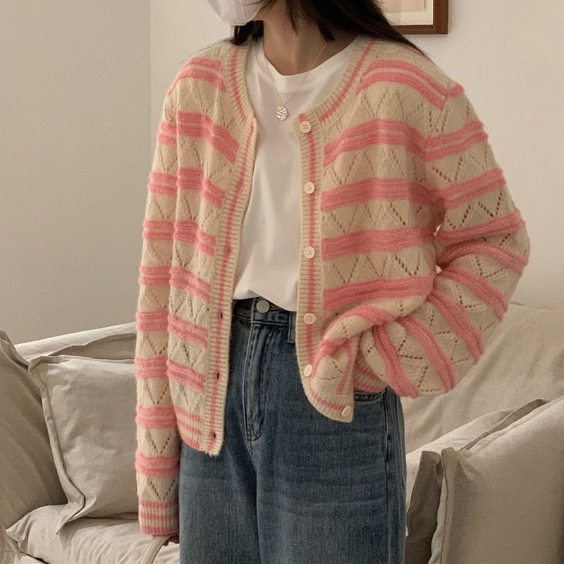 Women Knitwear Autumn Striped round Neck Sweater Loose Knitted Cardigan