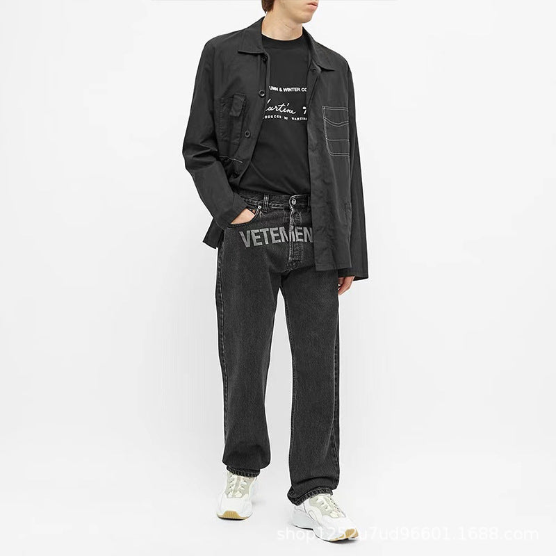 Vetements Pants Letter Washed Retro Loose Casual Straight-Leg Denim Trousers
