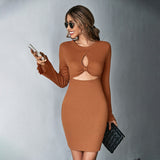 Women Dress Hollow Sexy Short Skirt Waffle Bell Sleeve Sheath Long Sleeve Dress