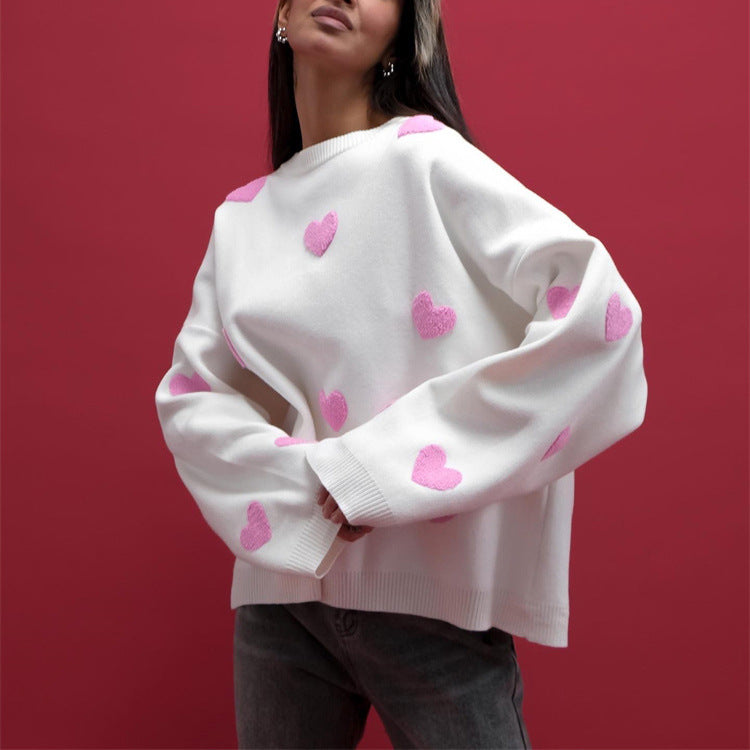 Women Knit Top Ladies Leisure Knitwear Love Heart Embroidered Crew Neck Autumn and Winter Sweater