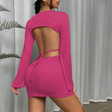 Women Dress Sexy Backless round-Neck Flared Sleeves Hip Skirt