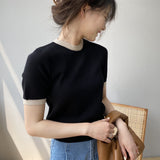 Women Knitted T-shirt Autumn round Neck Short Sweater Top