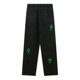 Men Sweatpants Embroidered Cross Casual Trousers Loose Straight Sports Trousers with an Elasticated Waist