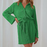 Women Dress Green V-neck Spring Lace-up Dress Short Skirt