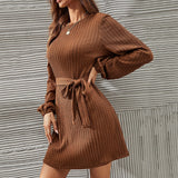 Women Dress Long Sleeve Twist Knitted Dress Puff Sleeve Casual Skirt