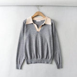 Women Sweater Knitwear Polo Collar Contrast Color Knitwear Women's Autumn Winter Retro Casual Loose Pullover Top Lapel Sweater