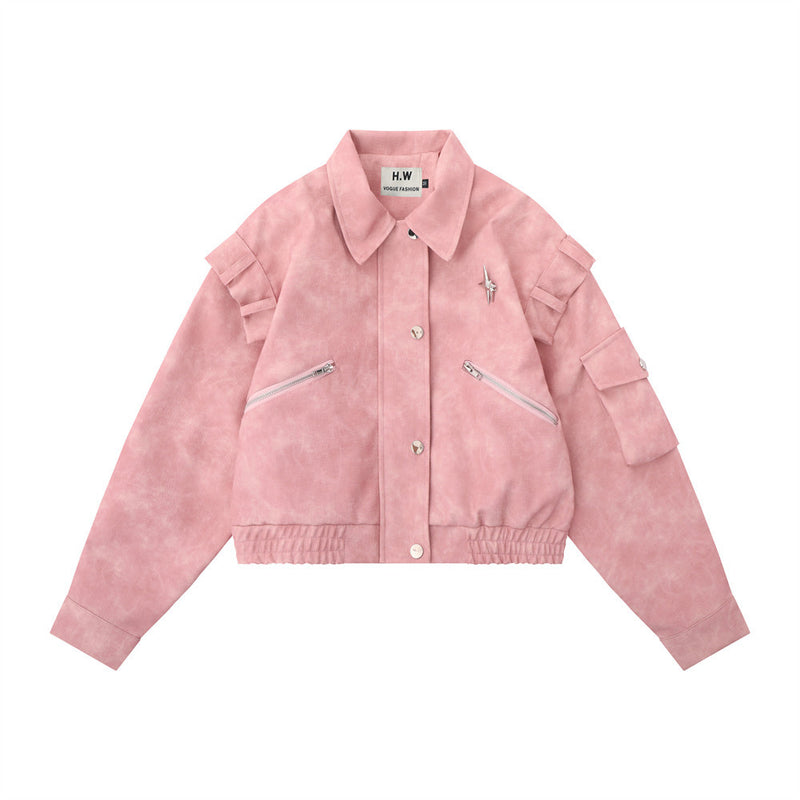 Women Jacket Pu Leather Coat Loose Zip Pocket Motorcycle Jacket