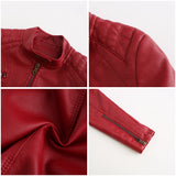 Red Leather Jacket Casual Leather Clothing Stand Collar Jacket Solid Color Women's Leather Jacket