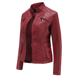 Red Leather Jacket Casual Leather Clothing Stand Collar Jacket Solid Color Women's Leather Jacket