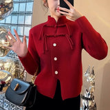 Women Knitted Cardigan Spring Knitted Cardigan Flow Stand Collar Retro Top