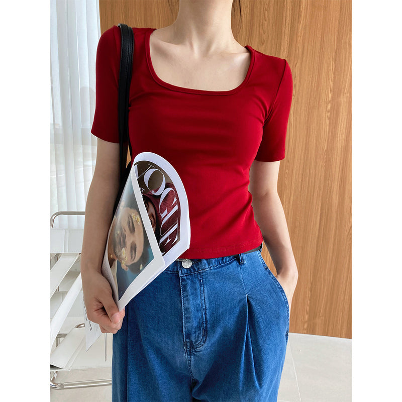 Women T Shirt Short Summer Square Collar Short Sleeve T-shirt Slim Fit off-Shoulder Top