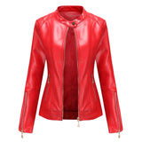Red Leather Jacket PU Leather Short Coat Stand Collar Jacket