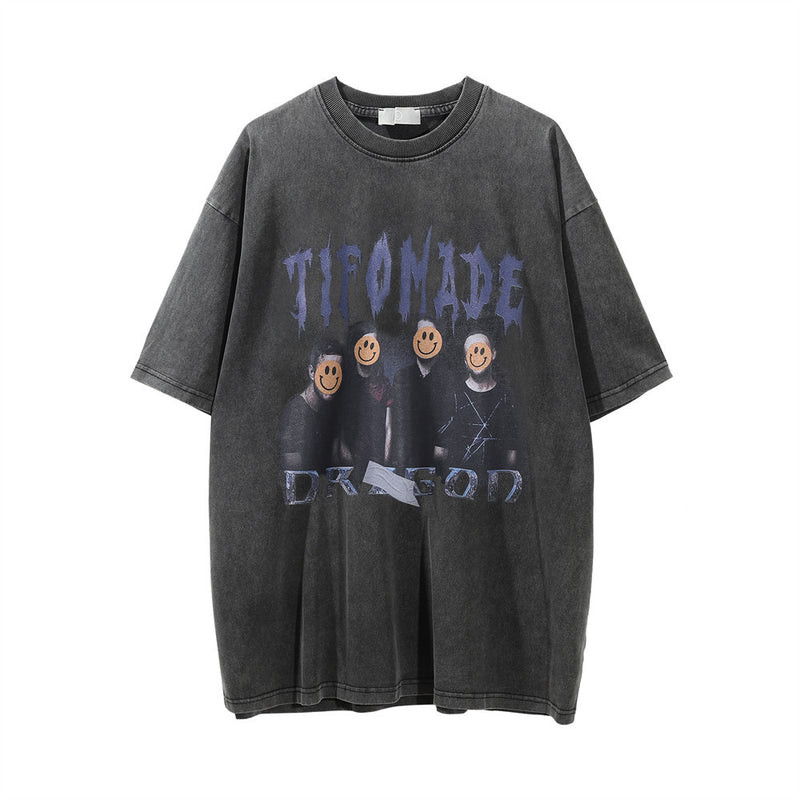 Men Vintage T-Shirt Printed Character Short-Sleeved T-shirt Summer Wash Distressed round Neck