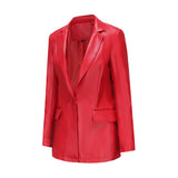Red Leather Jacket Long-Sleeved Coat Women's Single Button Casual Solid Color Leather Coat