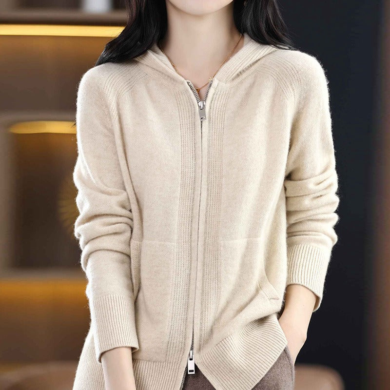 Women Knitwear Fall Winter Hooded Double Zipper Sweaters Cardigan