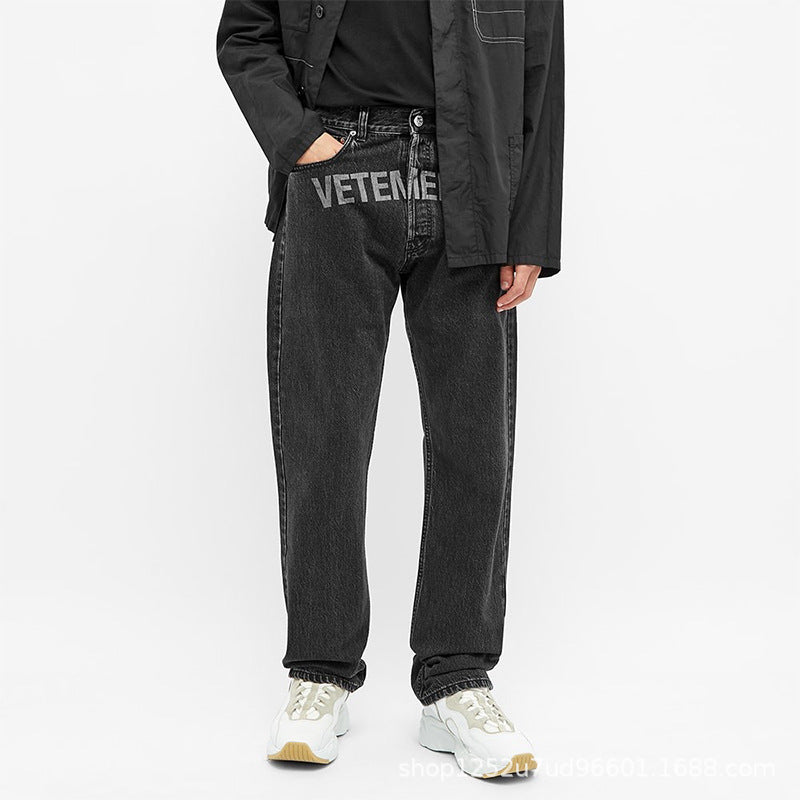 Vetements Pants Letter Washed Retro Loose Casual Straight-Leg Denim Trousers