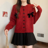 Women Knitted Cardigan with Bow round Neck Long Sleeve Sweater Loose Single-Breasted Knitted Cardigan