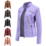 Red Leather Jacket Casual Leather Clothing Stand Collar Jacket Solid Color Women's Leather Jacket