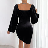Women Dress Sexy Cutout Puff Sleeve Hip Velvet Dress