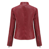 Red Leather Jacket Casual Leather Clothing Stand Collar Jacket Solid Color Women's Leather Jacket